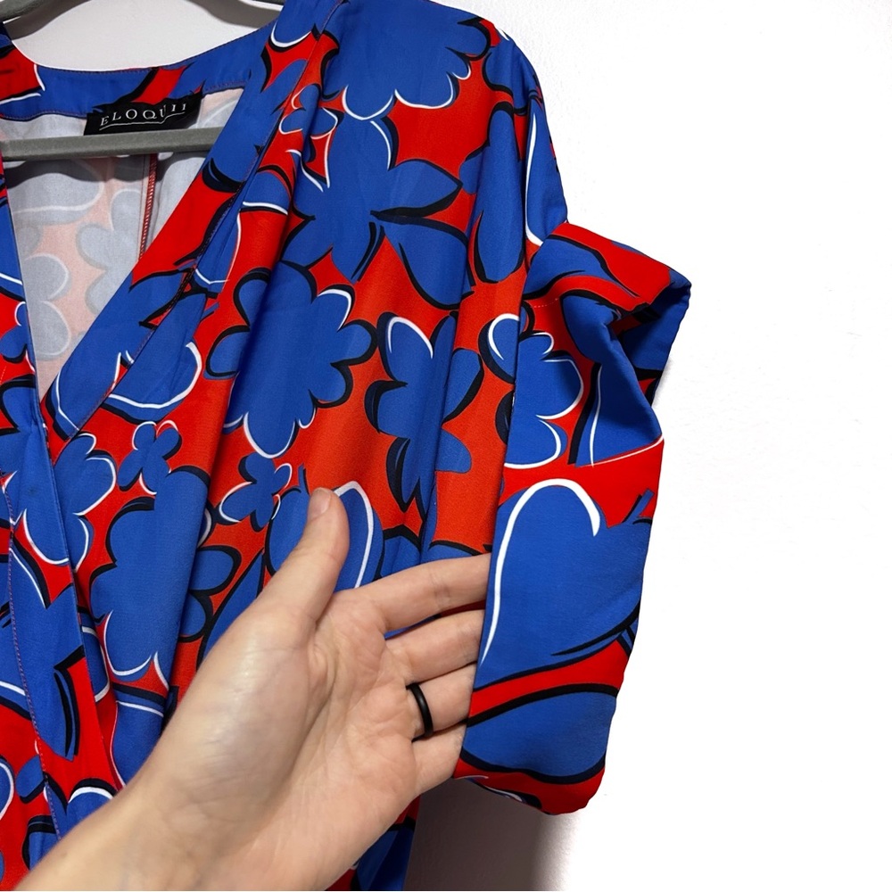 Eloquii Dress Women’s Size 14 Red Blue Floral Wrap Short Sleeve Stretch Plus - Picture 7 of 10